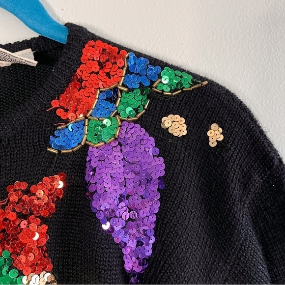 Vintage Black Long Sleeve Wool Sweater Multi-Color Sequins Floral Design Small - Picture 3 of 8